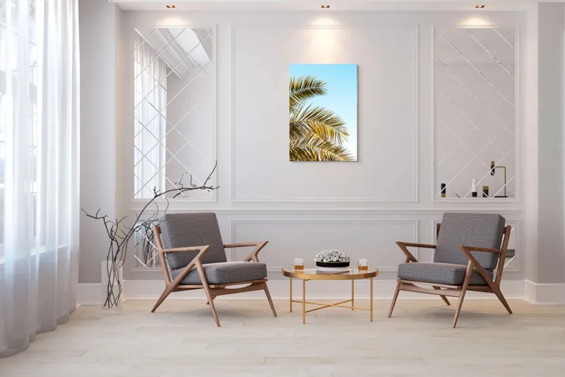 Tablou Canvas, "Frunzele aurii ale verii tropicale", Frunze, Palmier, Cer, Albastru, Soare, Varfuri, Lumina, 70 x 100 cm – poza 8