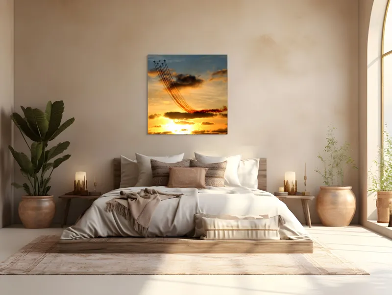 Tablou Canvas Apus Aurit cu Avioane în Zbor Multicolor, 100 x 100 cm – poza 4