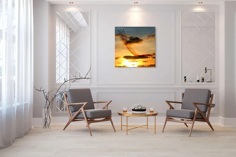 Tablou Canvas Apus Aurit cu Avioane în Zbor Multicolor, 100 x 100 cm – poza 7