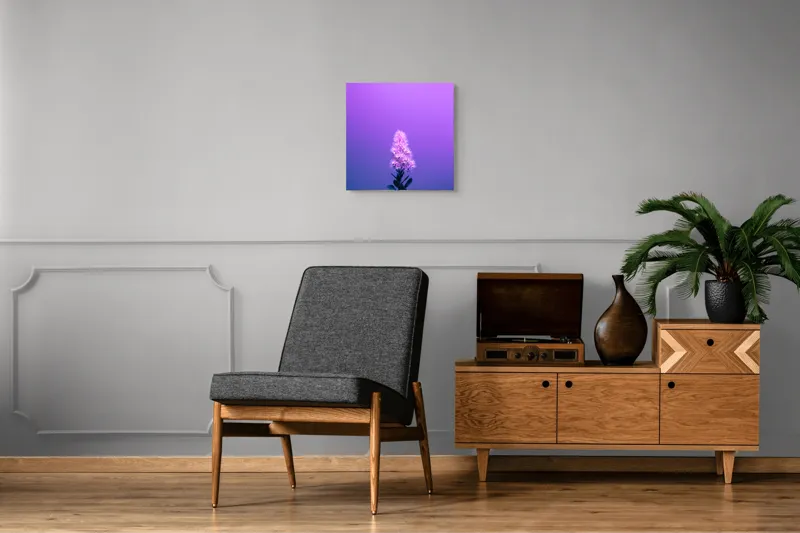 Tablou Canvas, "Misterul culorilor nocturne al florii", Floare, Violet, Luminozitate, Fundal, Gradient, Frunze, Contrast, Singurătate, Delicatețe, 50 x 50 cm – poza 6