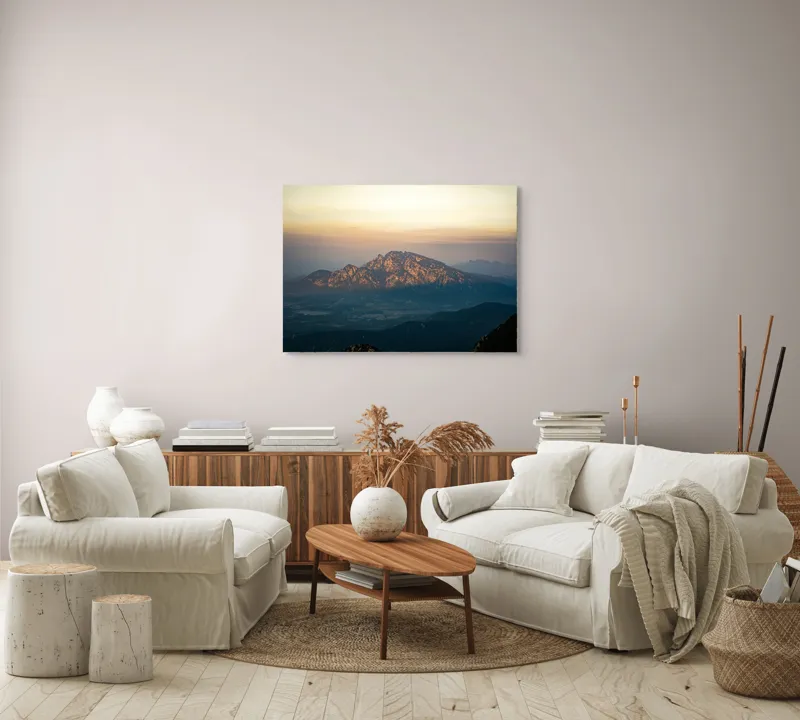 Tablou Canvas, "Lumina dimineții peste munți semeți", Munte, Apus, Cer, Siluetă, Peisaj, Natură, Culori, Calm, Horizon, Uimitor, 100 x 70 cm – poza 3