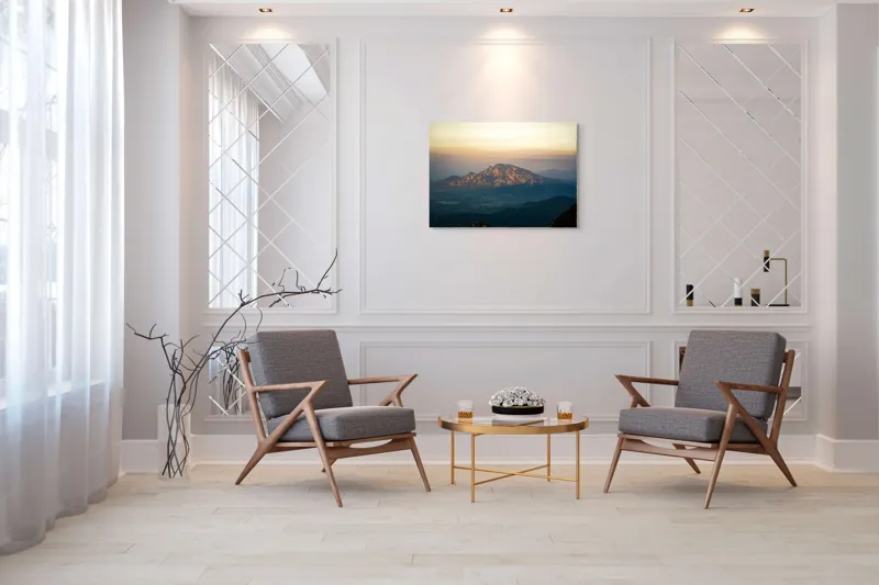 Tablou Canvas, "Lumina dimineții peste munți semeți", Munte, Apus, Cer, Siluetă, Peisaj, Natură, Culori, Calm, Horizon, Uimitor, 100 x 70 cm – poza 5