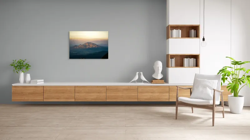 Tablou Canvas, "Lumina dimineții peste munți semeți", Munte, Apus, Cer, Siluetă, Peisaj, Natură, Culori, Calm, Horizon, Uimitor, 100 x 70 cm – poza 6