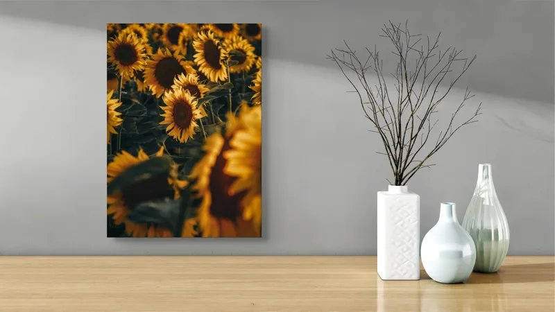 Tablou Canvas, "Dansul soarelui printre flori aurii", Flori, Soare, Galben, Tablou, Grădină, Petale, Verde, Natură, Lumină, Vară, 39 x 54 cm – poza 4