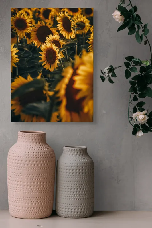 Tablou Canvas, "Dansul soarelui printre flori aurii", Flori, Soare, Galben, Tablou, Grădină, Petale, Verde, Natură, Lumină, Vară, 39 x 54 cm – poza 6