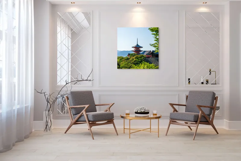 Tablou Canvas, "Pagoda roșie între copaci verzi și munți", Pagodă, Natură, Soare, Cer, Verdeață, Tradiție, Linie, Recent, Peisaj, Arhitectură, 100 x 100 cm – poza 7