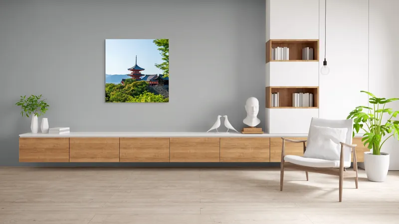 Tablou Canvas, "Pagoda roșie între copaci verzi și munți", Pagodă, Natură, Soare, Cer, Verdeață, Tradiție, Linie, Recent, Peisaj, Arhitectură, 100 x 100 cm – poza 8