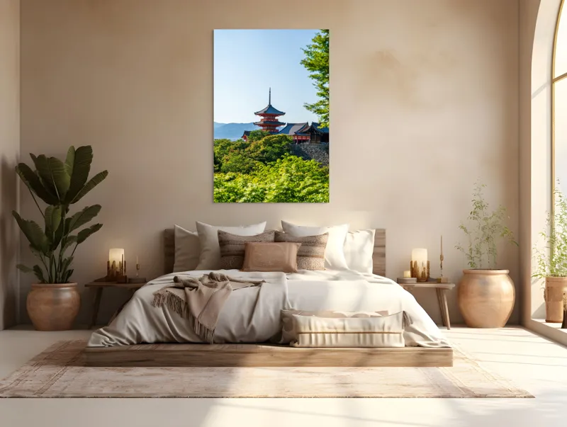Tablou Canvas, "Pagoda roșie între copaci verzi și munți", Pagodă, Natură, Soare, Cer, Verdeață, Tradiție, Linie, Recent, Peisaj, Arhitectură, 100 x 150 cm – poza 3