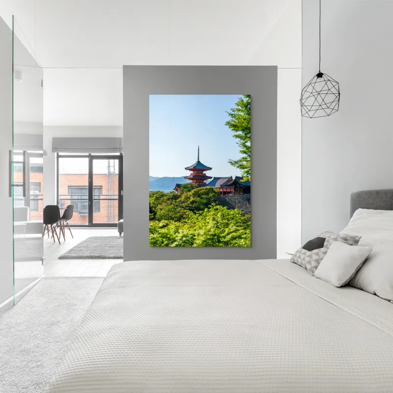 Tablou Canvas, "Pagoda roșie între copaci verzi și munți", Pagodă, Natură, Soare, Cer, Verdeață, Tradiție, Linie, Recent, Peisaj, Arhitectură, 100 x 150 cm – poza 5
