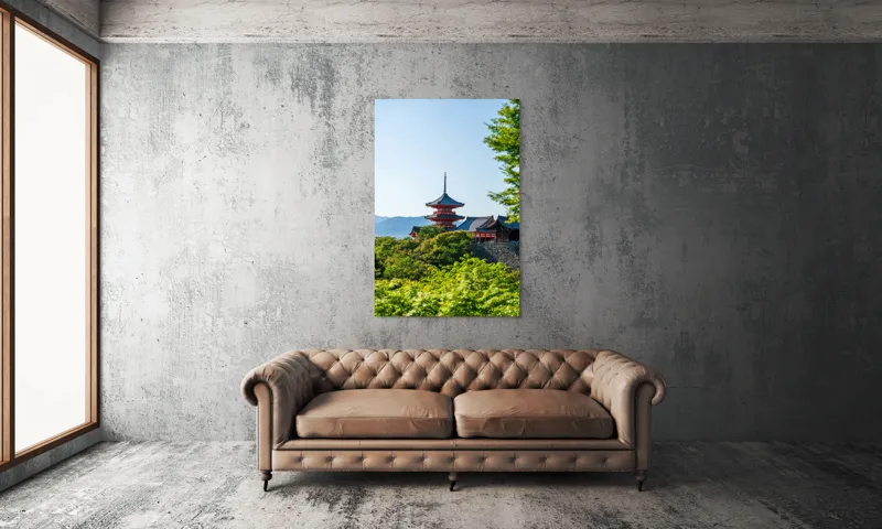 Tablou Canvas, "Pagoda roșie între copaci verzi și munți", Pagodă, Natură, Soare, Cer, Verdeață, Tradiție, Linie, Recent, Peisaj, Arhitectură, 100 x 150 cm – poza 6