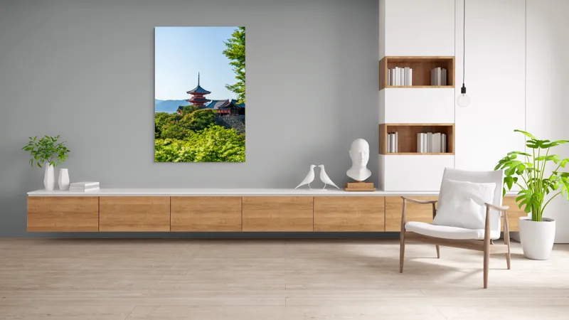 Tablou Canvas, "Pagoda roșie între copaci verzi și munți", Pagodă, Natură, Soare, Cer, Verdeață, Tradiție, Linie, Recent, Peisaj, Arhitectură, 100 x 150 cm – poza 8