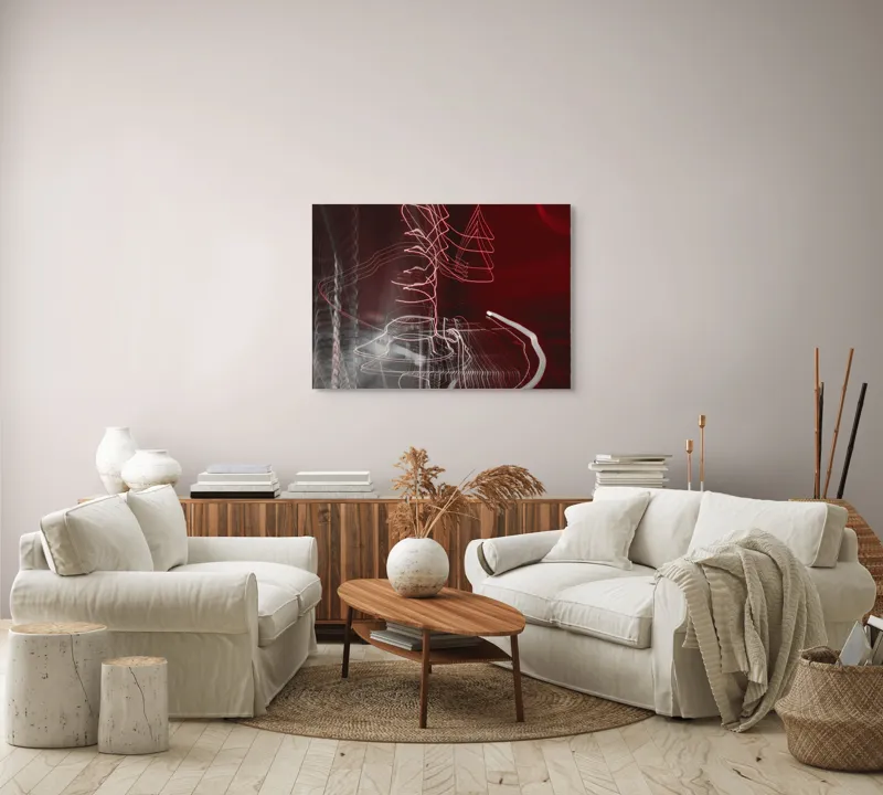 Tablou Canvas, "Linii luminoase în noapte abstractă", Linii, Energie, Abstracție, Dinamism, Roșu, Alb, Iluminare, Mișcare, 100 x 70 cm – poza 3