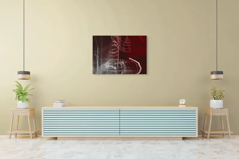 Tablou Canvas, "Linii luminoase în noapte abstractă", Linii, Energie, Abstracție, Dinamism, Roșu, Alb, Iluminare, Mișcare, 100 x 70 cm – poza 4