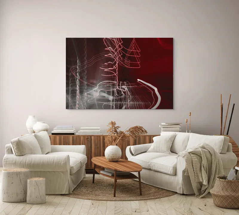 Tablou Canvas, "Linii luminoase în noapte abstractă", Linii, Energie, Abstracție, Dinamism, Roșu, Alb, Iluminare, Mișcare, 150 x 100 cm – poza 3