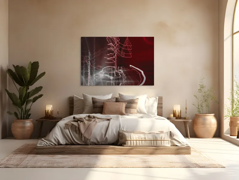 Tablou Canvas, "Linii luminoase în noapte abstractă", Linii, Energie, Abstracție, Dinamism, Roșu, Alb, Iluminare, Mișcare, 150 x 100 cm – poza 4
