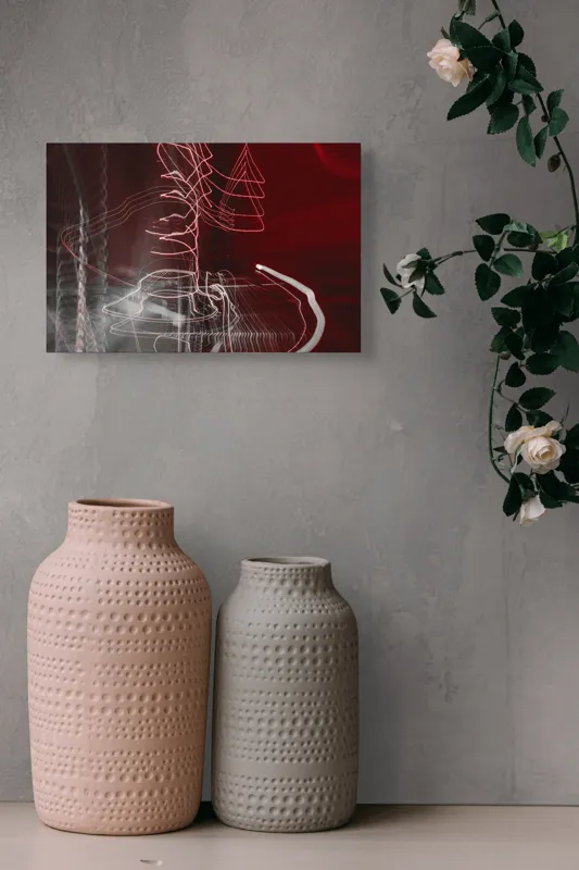 Tablou Canvas, "Linii luminoase în noapte abstractă", Linii, Energie, Abstracție, Dinamism, Roșu, Alb, Iluminare, Mișcare, 39 x 26 cm – poza 4