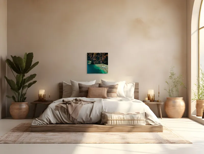 Tablou Canvas, "Barcă solitară lângă stânci abrupte", Ocean, Barcă, Stânci, Vegetație, Coral, Apă, Natural, Peisaj, Exotic, Pitoresc, 50 x 50 cm – poza 5