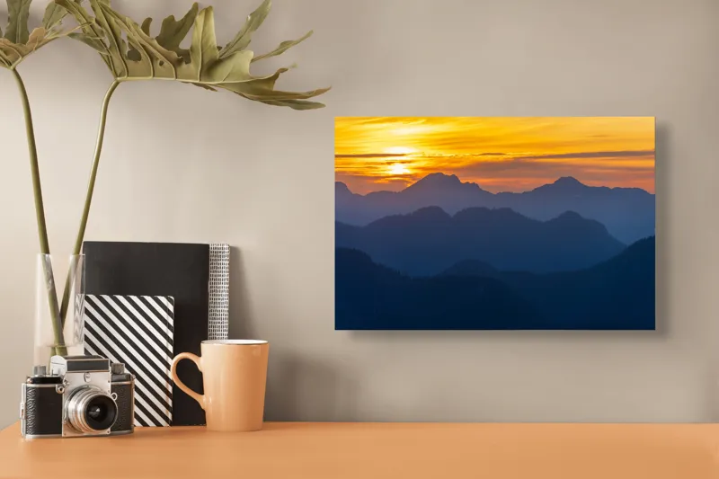 Tablou Canvas Răsărit de Soare peste Munți Portocaliu și Albastru, 39 x 26 cm – poza 3