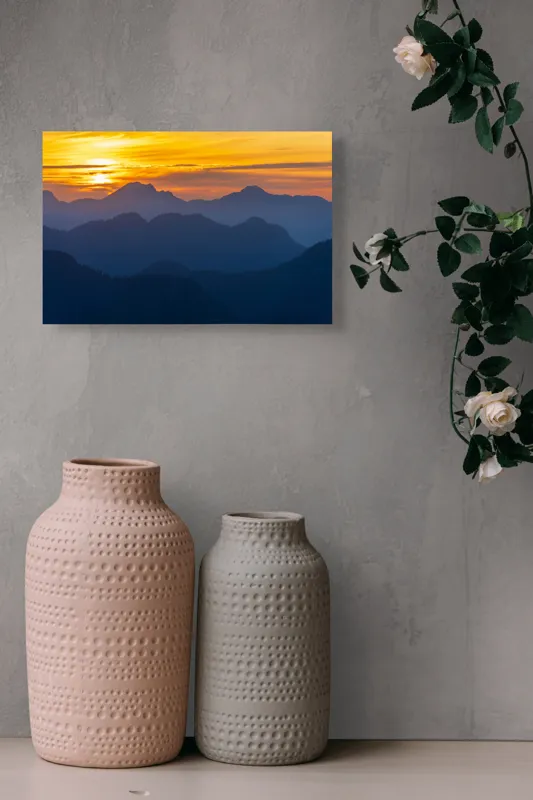 Tablou Canvas Răsărit de Soare peste Munți Portocaliu și Albastru, 39 x 26 cm – poza 4