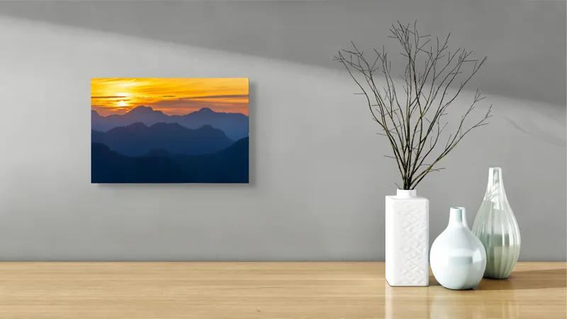 Tablou Canvas Răsărit de Soare peste Munți Portocaliu și Albastru, 39 x 26 cm – poza 8