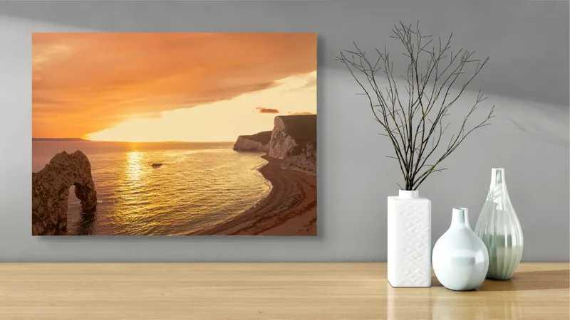 Tablou Canvas, "Apus uimitor la țărmul mării", Apus, Ocean, Stânci, Nisip, Arcul, Cer, Auriu, Apă, Coasta, Pitoresc, 70 x 50 cm – poza 3