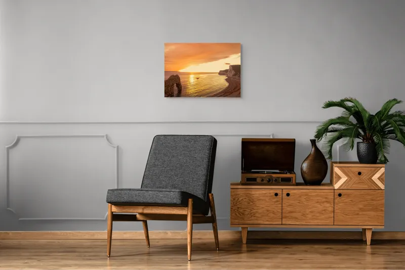 Tablou Canvas, "Apus uimitor la țărmul mării", Apus, Ocean, Stânci, Nisip, Arcul, Cer, Auriu, Apă, Coasta, Pitoresc, 70 x 50 cm – poza 4