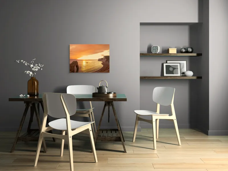 Tablou Canvas, "Apus uimitor la țărmul mării", Apus, Ocean, Stânci, Nisip, Arcul, Cer, Auriu, Apă, Coasta, Pitoresc, 70 x 50 cm – poza 5