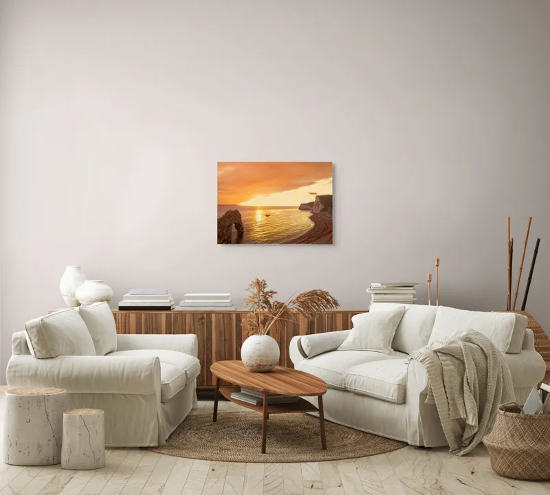 Tablou Canvas, "Apus uimitor la țărmul mării", Apus, Ocean, Stânci, Nisip, Arcul, Cer, Auriu, Apă, Coasta, Pitoresc, 70 x 50 cm – poza 6