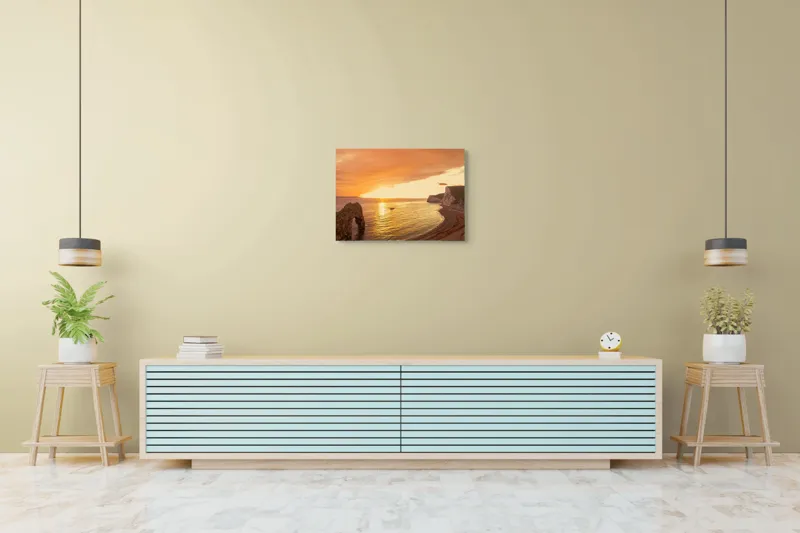 Tablou Canvas, "Apus uimitor la țărmul mării", Apus, Ocean, Stânci, Nisip, Arcul, Cer, Auriu, Apă, Coasta, Pitoresc, 70 x 50 cm – poza 7