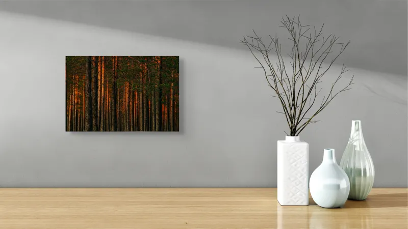 Tablou Canvas, "Pădurea la apusul soarelui", Copaci, Pădure, Apus, Lumină, Trunchiuri, Verdeață, Natură, Peisaj., 39 x 26 cm – poza 8