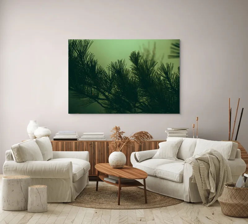 Tablou Canvas Ramurile unui pin în ceață misterioasă Natură Verde Siluetă, 150 x 100 cm – poza 3