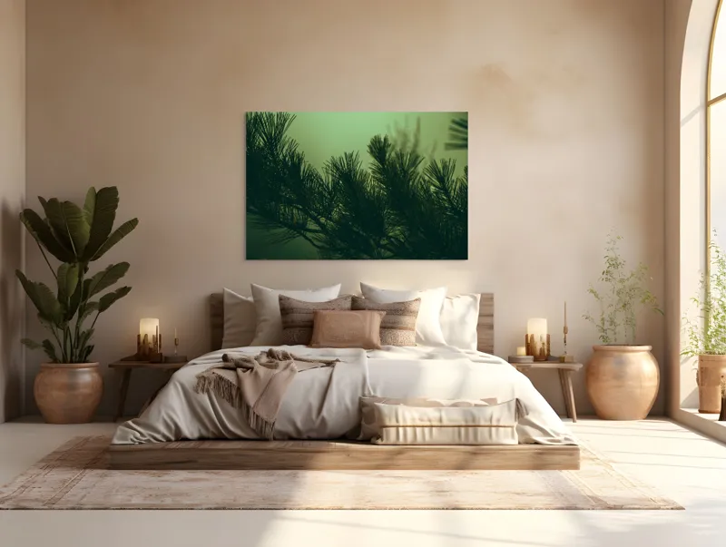 Tablou Canvas Ramurile unui pin în ceață misterioasă Natură Verde Siluetă, 150 x 100 cm – poza 4