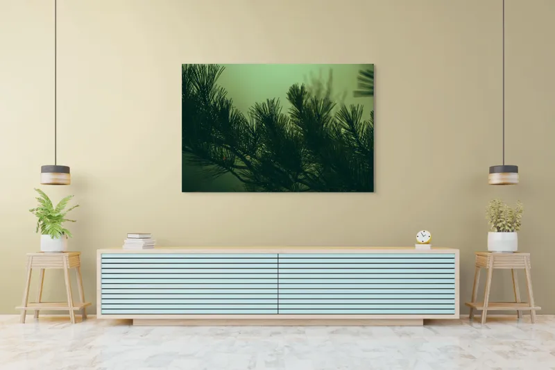 Tablou Canvas Ramurile unui pin în ceață misterioasă Natură Verde Siluetă, 150 x 100 cm – poza 6