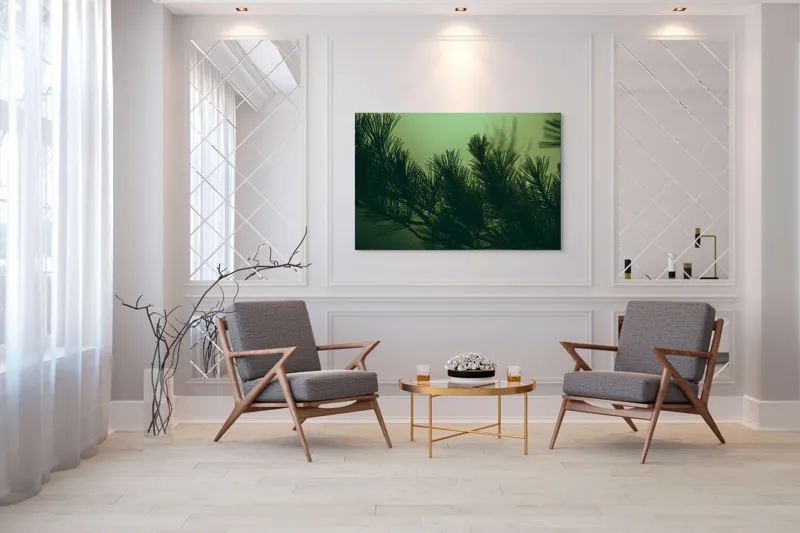 Tablou Canvas Ramurile unui pin în ceață misterioasă Natură Verde Siluetă, 150 x 100 cm – poza 7