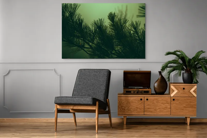 Tablou Canvas Ramurile unui pin în ceață misterioasă Natură Verde Siluetă, 150 x 100 cm – poza 8