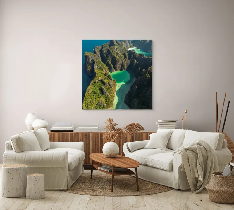 Tablou Canvas Peisaj Tropical Laguna Turcoaz Stânci Verzi Natură Exotic, 100 x 100 cm – poza 3