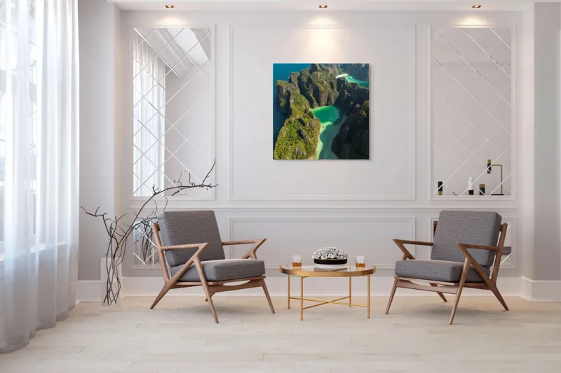 Tablou Canvas Peisaj Tropical Laguna Turcoaz Stânci Verzi Natură Exotic, 100 x 100 cm – poza 7