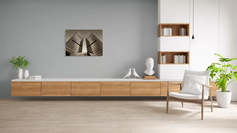 Tablou Canvas, "Turnuri gemene oglindite în apusul urban.", Turnuri, Înălțime, Geometrie, Simetrie, Metal, Sticlă, Modern, Arhitectură, Urban, Impresionant, 100 x 70 cm – poza 6