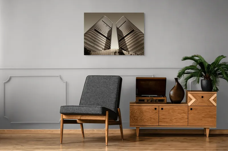 Tablou Canvas, "Turnuri gemene oglindite în apusul urban.", Turnuri, Înălțime, Geometrie, Simetrie, Metal, Sticlă, Modern, Arhitectură, Urban, Impresionant, 100 x 70 cm – poza 8