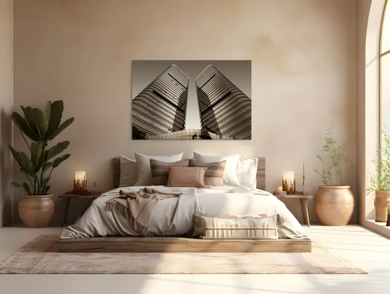 Tablou Canvas, "Turnuri gemene oglindite în apusul urban.", Turnuri, Înălțime, Geometrie, Simetrie, Metal, Sticlă, Modern, Arhitectură, Urban, Impresionant, 150 x 100 cm – poza 4