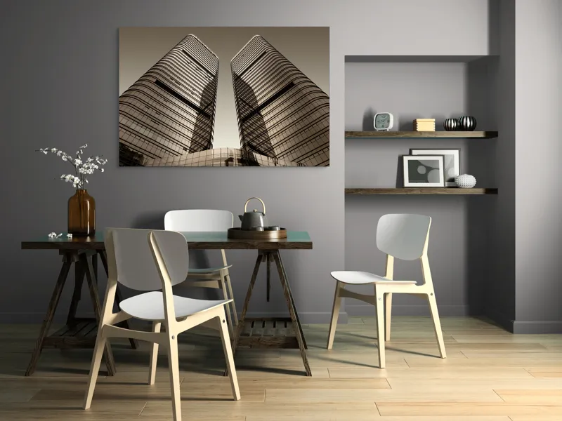 Tablou Canvas, "Turnuri gemene oglindite în apusul urban.", Turnuri, Înălțime, Geometrie, Simetrie, Metal, Sticlă, Modern, Arhitectură, Urban, Impresionant, 150 x 100 cm – poza 5