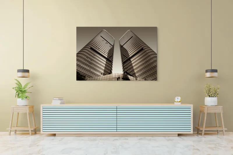 Tablou Canvas, "Turnuri gemene oglindite în apusul urban.", Turnuri, Înălțime, Geometrie, Simetrie, Metal, Sticlă, Modern, Arhitectură, Urban, Impresionant, 150 x 100 cm – poza 6