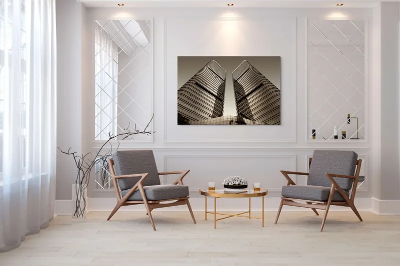 Tablou Canvas, "Turnuri gemene oglindite în apusul urban.", Turnuri, Înălțime, Geometrie, Simetrie, Metal, Sticlă, Modern, Arhitectură, Urban, Impresionant, 150 x 100 cm – poza 7