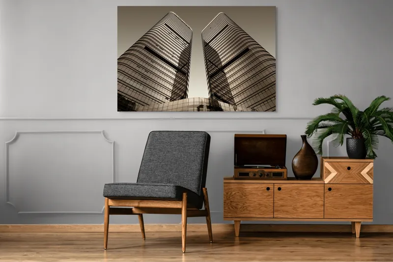 Tablou Canvas, "Turnuri gemene oglindite în apusul urban.", Turnuri, Înălțime, Geometrie, Simetrie, Metal, Sticlă, Modern, Arhitectură, Urban, Impresionant, 150 x 100 cm – poza 8
