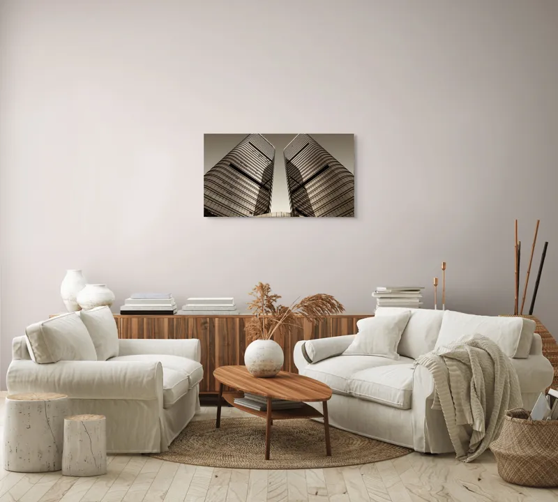 Tablou Canvas, "Turnuri gemene oglindite în apusul urban.", Turnuri, Înălțime, Geometrie, Simetrie, Metal, Sticlă, Modern, Arhitectură, Urban, Impresionant, 90 x 50 cm – poza 4
