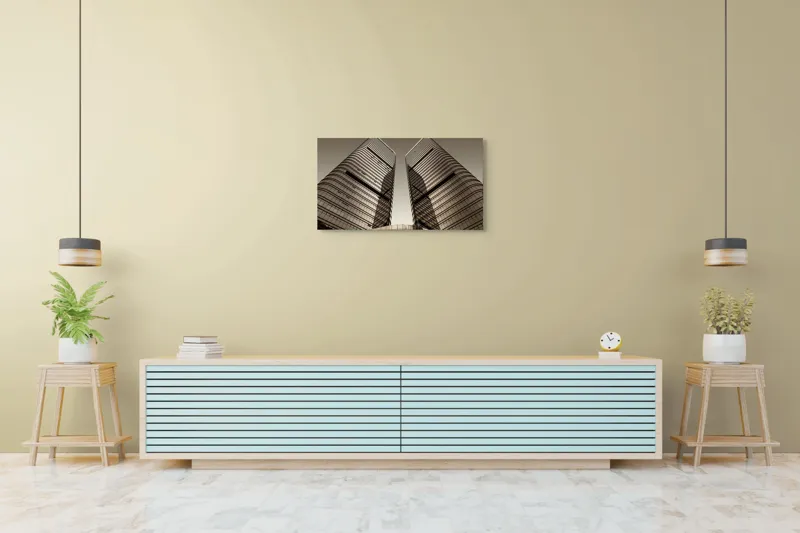 Tablou Canvas, "Turnuri gemene oglindite în apusul urban.", Turnuri, Înălțime, Geometrie, Simetrie, Metal, Sticlă, Modern, Arhitectură, Urban, Impresionant, 90 x 50 cm – poza 5