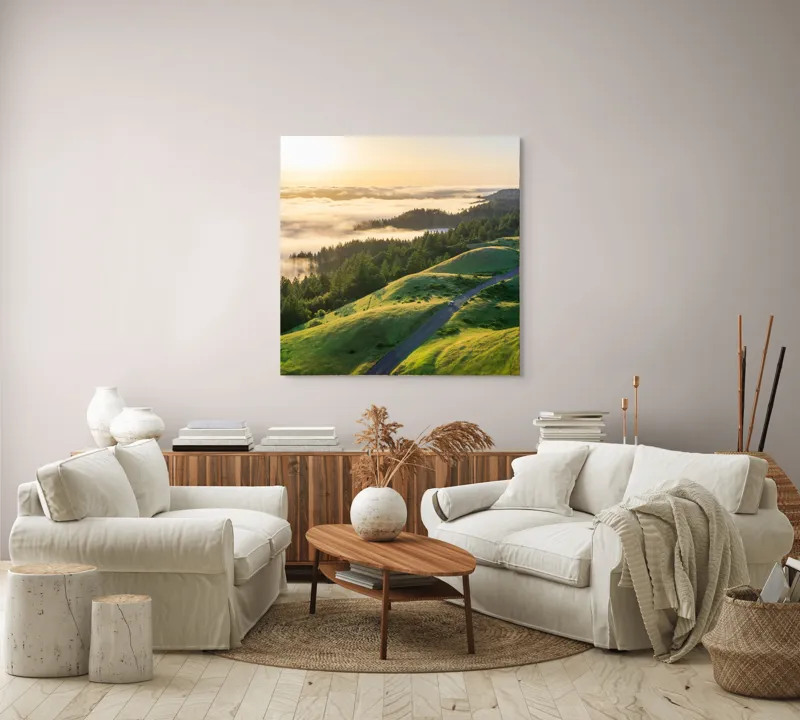 Tablou Canvas, "Drum serpuitor prin dealuri verzi", Apus, Ceață, Dealuri, Drum, Pădure, Lumină, Verdeață, Orizont, Cer, Peisaj, 100 x 100 cm – poza 3