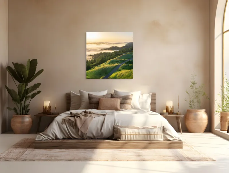 Tablou Canvas, "Drum serpuitor prin dealuri verzi", Apus, Ceață, Dealuri, Drum, Pădure, Lumină, Verdeață, Orizont, Cer, Peisaj, 100 x 100 cm – poza 4