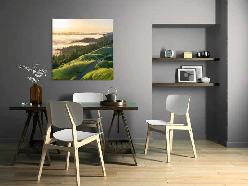Tablou Canvas, "Drum serpuitor prin dealuri verzi", Apus, Ceață, Dealuri, Drum, Pădure, Lumină, Verdeață, Orizont, Cer, Peisaj, 100 x 100 cm – poza 6