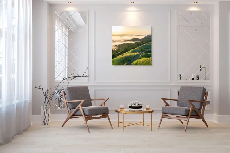Tablou Canvas, "Drum serpuitor prin dealuri verzi", Apus, Ceață, Dealuri, Drum, Pădure, Lumină, Verdeață, Orizont, Cer, Peisaj, 100 x 100 cm – poza 7